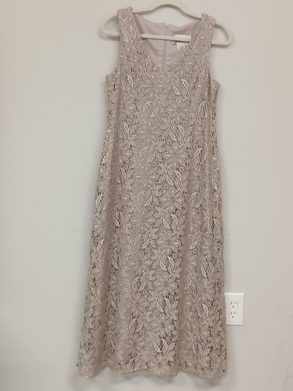 Vintage S.L. Fashions Gray Nude Floral Lace Crochet Maxi Dress Cottagecore 10